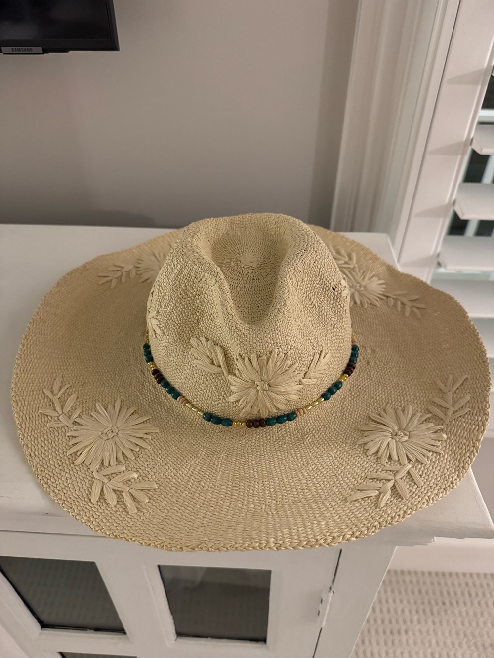 Hat Attack women’s western raffia beach hat with beading and embroidery *new*